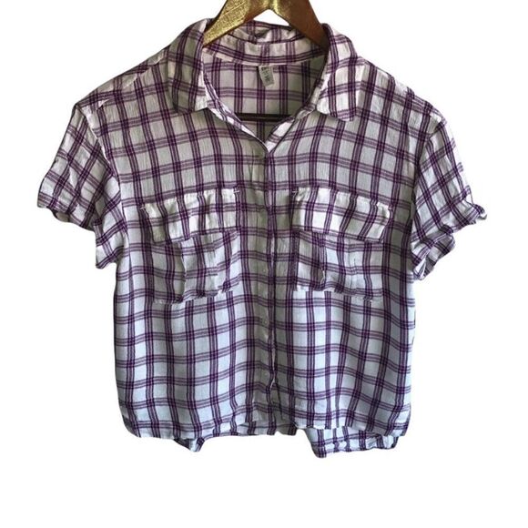 Women's Nordstrom BP Purple Plaid Short Sleeve Button Down - Picture 1 of 8